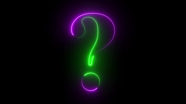 Glowing neon question mark icon on a black background. 4k animation video..