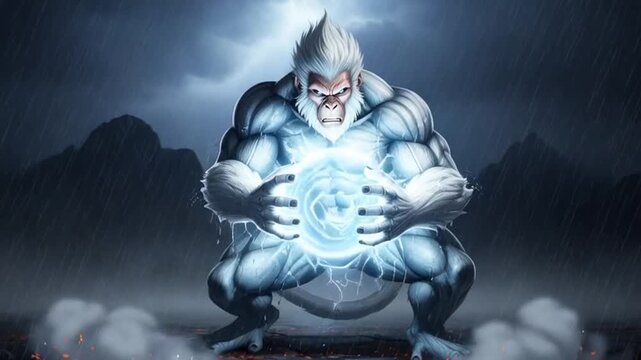Powerful Ape Warrior Unleashes Electric Energy in Dynamic Fantasy Art.