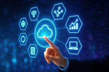 Digital Cloud Connection: A hand interacts with a luminous cloud symbol, surrounded by glowing icons representing a network of technological integration and the modern era.