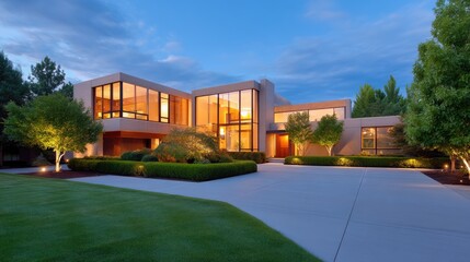 Obraz premium Modern residential architecture featuring elegant design and scenic landscape in evening light with lush greenery and striking facade