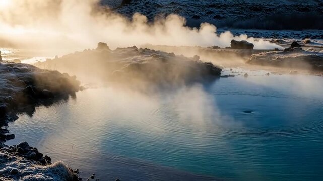 Sunrise Over a Steaming Geothermal Lagoon in Iceland.
