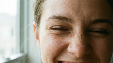 Close up of young woman smiling with eyes closed, natural light highlighting skin texture and joyful expression, indoor setting near window, happiness and relaxation