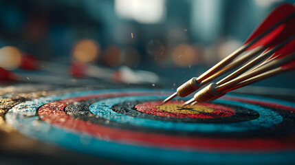 A colorful target with arrows hitting the bullseye, representing accuracy and success, set against a blurred background with ample copy space.