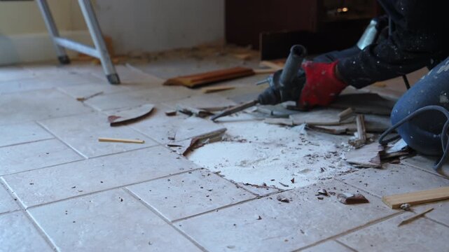 Removal of ceramic floor tiles using power tool during a home renovation project. Close-up view of broken tiles, dust, and debris on the floor