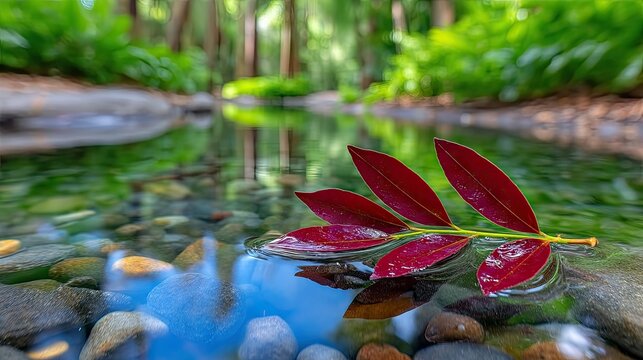Red Leaf Floating on Water in Forest Stream - Powered by Adobe