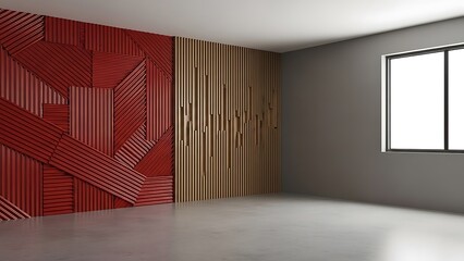 Empty square room with Abstract pattern of red corrugated steel with wooden wall decoration of modern building in vertical frame