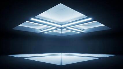 Empty square room with Girders of ceiling glowing in darkness. Minimal modern architecture. Abstract architectural detail. Geometric structure with X-shape cross.