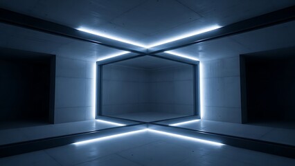 Empty square room with Girders of ceiling glowing in darkness. Minimal modern architecture. Abstract architectural detail. Geometric structure with X-shape cross.