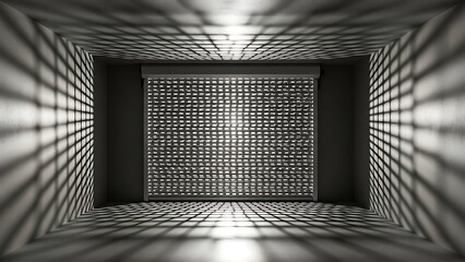 Empty square room with perforated rolling shutter in backlight. Anti-vandal, anti-theft protection of shop window or entrance. Supporting composition on the subject of security technologies.