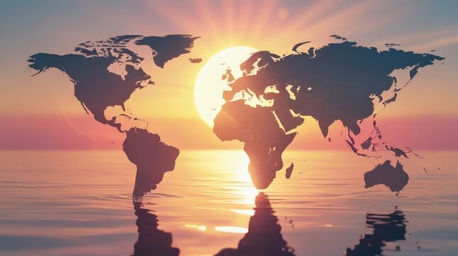 Global Sunrise: A breathtaking visual of the world, rendered as a silhouette against the backdrop of a radiant sunrise or sunset, evoking a sense of unity and hope.  - Powered by Adobe