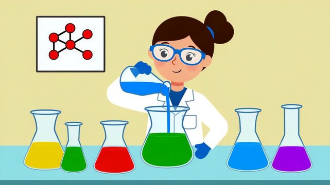 Cute Female Scientist Pouring Chemicals in Beaker for Chemistry Experiment Animation