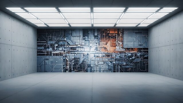 Empty square room with Fluorescent lights visible through grid or louvers. Abstract image on the subject of contemporary architecture, industry or technology.