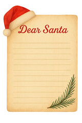 Png vintage santa letter template with red hat and pine branch isolated on transparent background. concept of christmas decor, holiday stationery, festive writing papers.