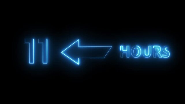 Neon 11 hours animation.  Neon timer hours on black background. Neon count text number.