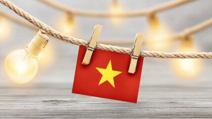 Vietnamese flag hanging on a clothesline with glowing lights in the background at a festive gathering