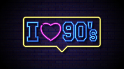 A neon sign reading i love 90s. Neon sign declaring love for 90s, great for nostalgic designs. Perfect for social media posts, websites, and retrothemed projects.