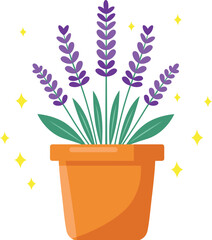 Lavender plant in a terracotta pot with green leaves and purple flowers, surrounded by sparkling stars.