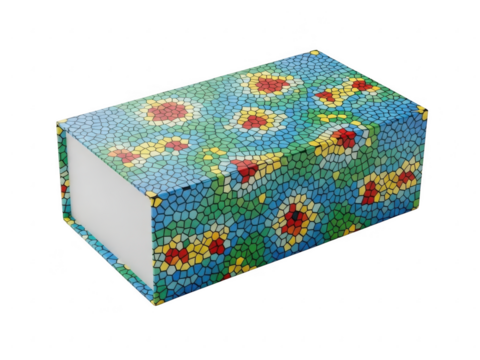 Rectangular gift box with vibrant mosaic pattern featuring abstract red and yellow floral shapes on a blue and green background, isolated on transparent background