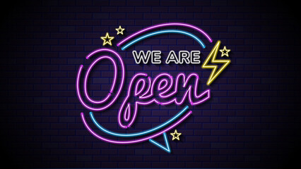 A neon sign reading we are open. Glowing neon sign declaring business is open, ideal for advertising signs, storefronts, and business marketing displays.