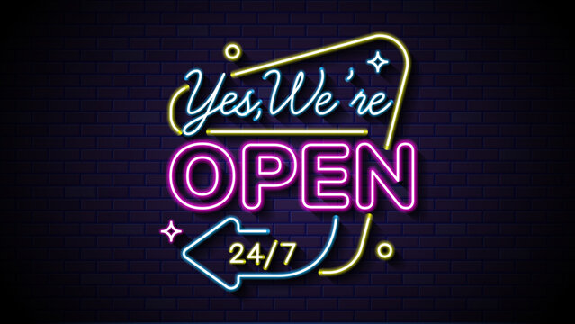 A neon sign reading we are open 24/7. Neon sign yes, were open 24/7 for business. Suitable for storefronts, restaurants, or any establishment looking for a welcoming glow.