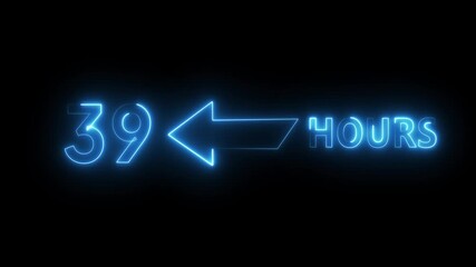 Neon 39 hours animation.  Neon timer hours on black background. Neon count text number.