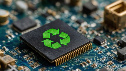 Green recycling symbol on a computer chip highlights the importance of electronic waste management in technology