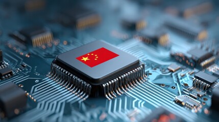 Chinese flag displayed on a microchip in a modern circuit board setting