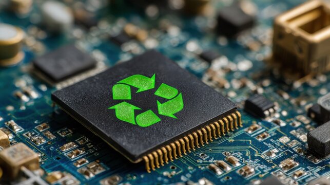 Green recycling symbol on a computer chip highlights the importance of electronic waste management in technology