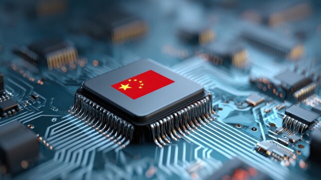 Chinese flag displayed on a microchip in a modern circuit board setting