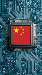 Microchip displaying Chinese flag set against a blue circuit board background highlighting technology and innovation