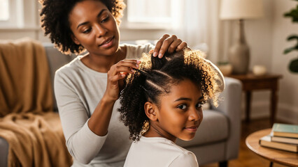 Mother braiding daughter’s hair at home symbolizing cultural pride