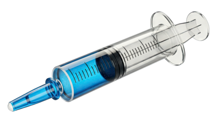 Clear Medical Syringe Filled With Blue Liquid And Visible Measurements Isolated On A Transparent Background With Subtle Lighting And Shadows