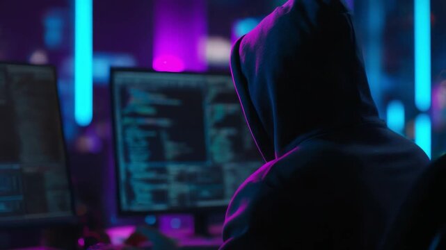 Cyber Intrigue: A hooded figure hunches over a glowing computer screen, a modern-day shadow engrossed in complex code, the ambient glow and the silhouette creates a powerful and mysterious image.