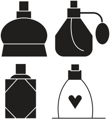 Perfume bottle silhouette icons set with vintage, rounded, geometric, and heart designs isolated on transparent background.