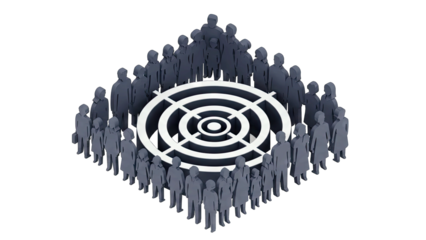 Conceptual Illustration of a Diverse Group of Silhouetted People Arranged in a Diamond Shape Surrounding a Central Circular Target With White Rings and a Dark Center on a Transparent Background