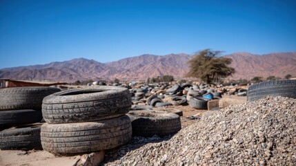 Large collection of used tires in a desert landscape with mountains in the background during a clear day