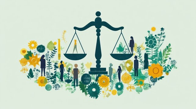 Justice Scales Surrounded by People and Nature