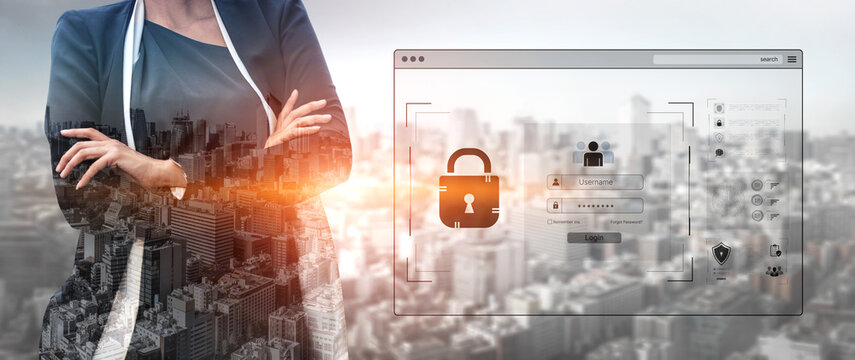 Concept of cybersecurity and data privacy. A secure login interface requires user authentication with a private password to protect personal account information and prevent fraud. Fermion