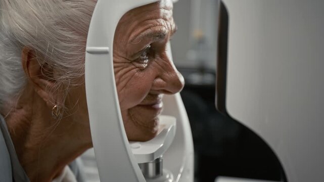 Side view close up shot of white haired senior woman smiling softly while putting head into frame of modern diagnostic machine during eye exam, copy space