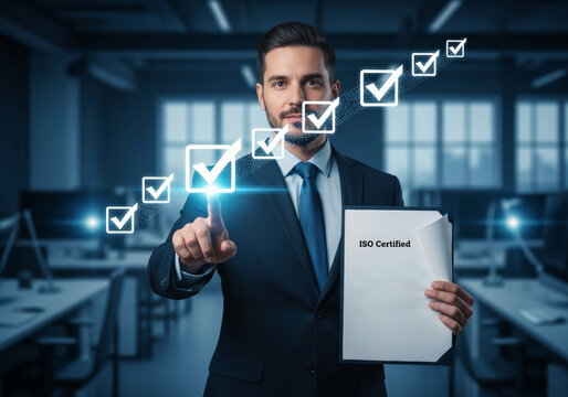 Confident business professional implements quality control checklist part of an organizational framework for standard approval