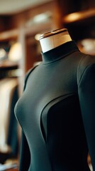 Elegant black dress displayed on a mannequin in a stylish boutique showcasing modern fashion trends and designs