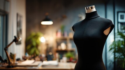 Tailoring workspace features a black dress form in a stylish studio with soft lighting and creative decor