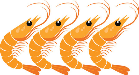 Four stylized orange shrimp are lined up, facing the same direction, with visible eyes and antennae.
