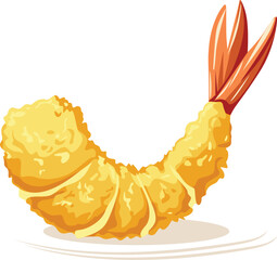 A single, golden-brown tempura shrimp, curled and crispy, is presented on a white surface with a subtle shadow.