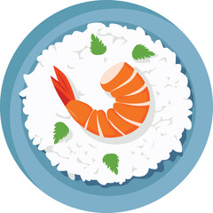 A stylized illustration of a shrimp resting on a bed of white rice, garnished with green mint leaves, presented on a blue plate.