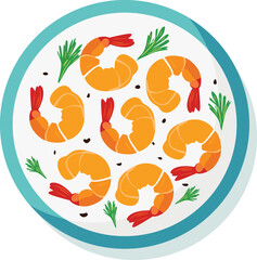 Top-down view of a white plate with six cooked shrimp, garnished with rosemary sprigs and black pepper.