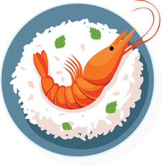 A vibrant illustration of a cooked shrimp served on a bed of white rice with green herb garnish, presented on a blue plate.