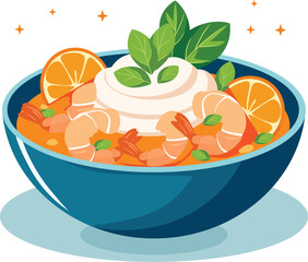 A bowl of shrimp dish with orange slices and cream topping, garnished with basil leaves, on a white surface.