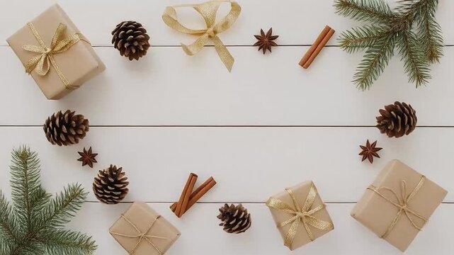 A flat lay composition of Christmas gifts, pine cones, cinnamon sticks, star anise, and fir branches on a white wooden background. Merry Christmas video background.