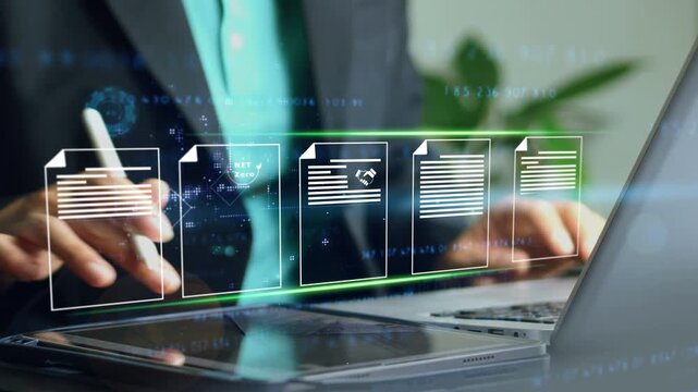 Digital folder management system on laptop screen showing file organization and data storage. office worker in virtual workspace for efficient online document archiving and business productivity